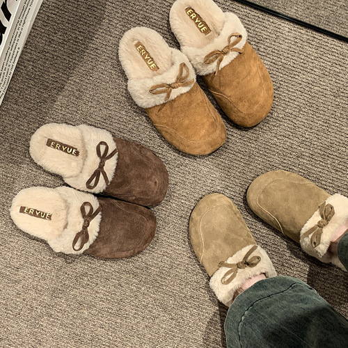 Pushing on the head, fluffy half-slippers, women's autumn and winter, plus velvet, new retro warm cotton slippers