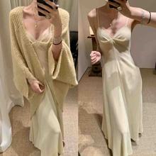 新中式国风白月光慵懒风披肩开衫女秋设计感鱼尾旗袍针织连衣裙