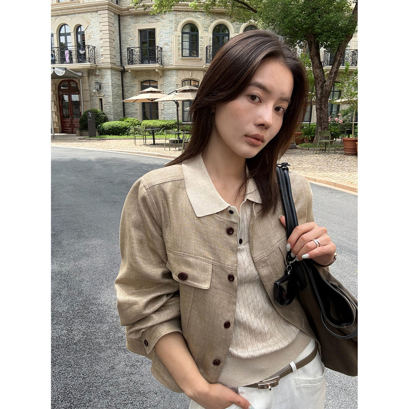 Han Xun Stylish and Luxurious Natural Linen Jacket Casual Round Neck Jacket for Women 2026 Autumn New Model 27255 Han Xun Stylish and Luxurious Natural Linen Jacket Casual Round Neck Jacket for Women 2026 Autumn New Model 27255