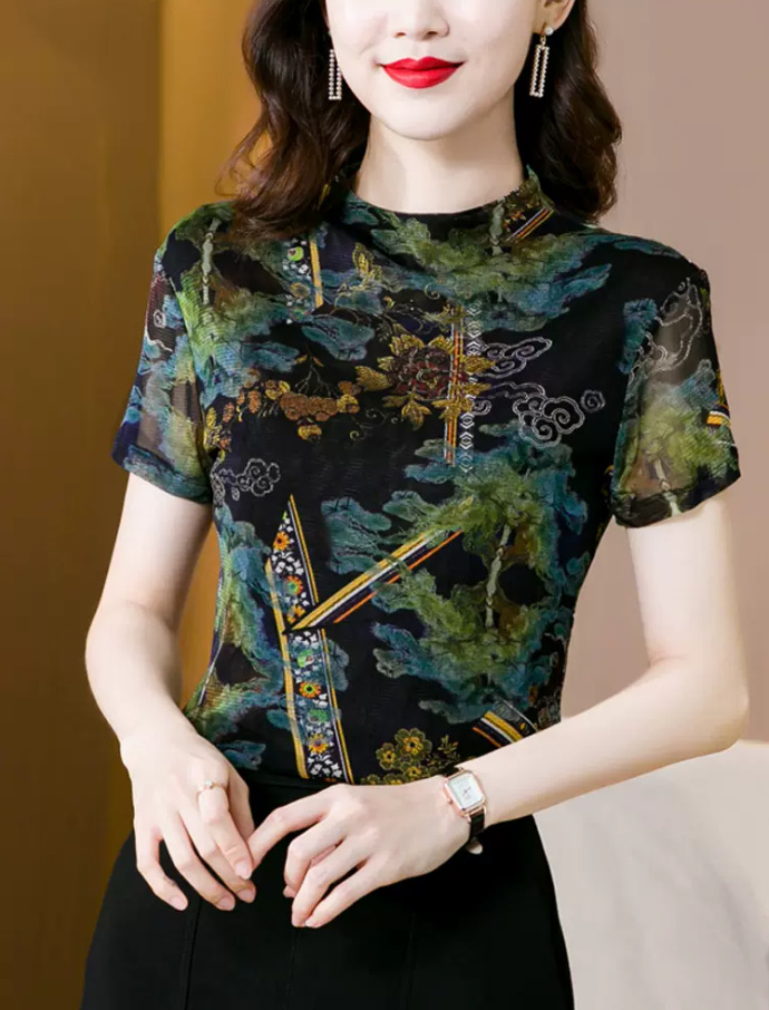 夫人妈妈印花民族风短袖仿香云纱上衣夏季衬衫女装t恤减龄潮
