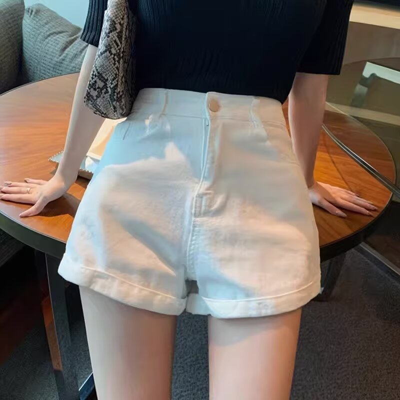 White Denim Shorts for Women, Summer Thin New High-Waisted A-Line Wide-Leg Shorts, Slimming Hot Girl Hot Pants