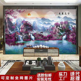 新中式壁画紫气东来迎客松流水生财山水画墙纸客厅瀑布背景墙壁纸