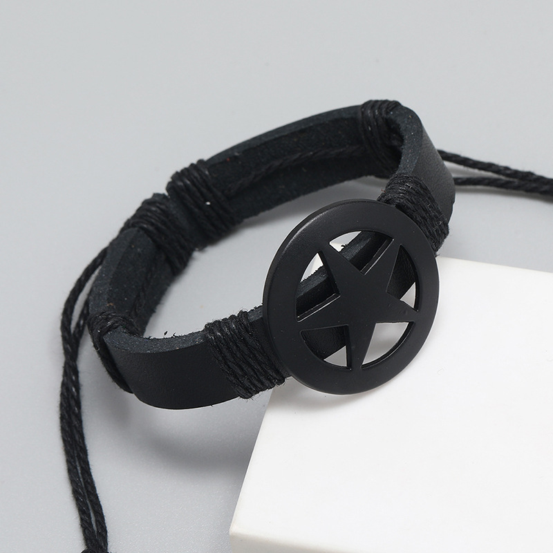 Cross-Border Menu0027s Leather Bracelet European and American Jewelry Personality Fashion Black Five