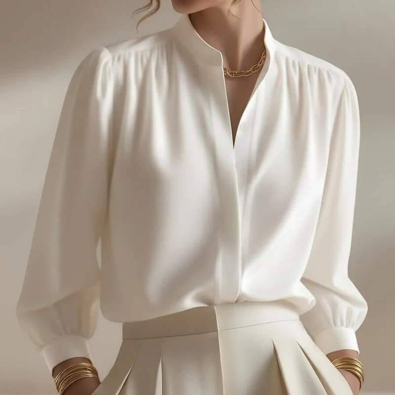 French Satin Shirt for Women, High-End Long-Sleeved Stand-Up Collar, Loose Temperament Commuter Top, Blue Silk Texture