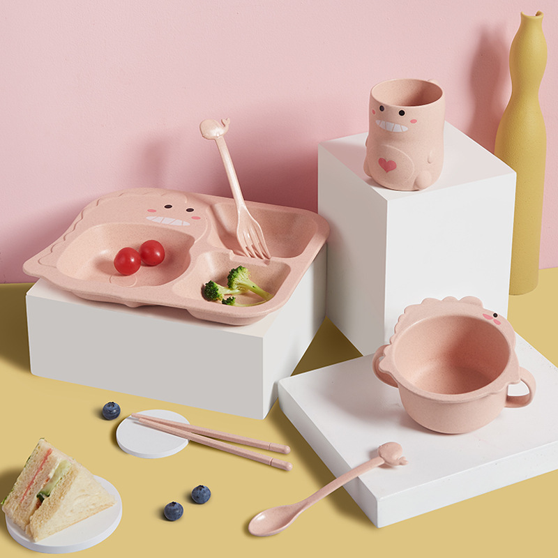 Baby Dinosaur Tableware Set Children's Dinner Plate Grid Household Creative Cartoon Anti-fall Infant and Toddler Eating Food Bowl