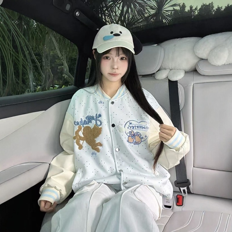 潮牌美式刺绣爱心丘比特波点棒球服女宽松韩系慵懒风夹克早秋外套|undefined