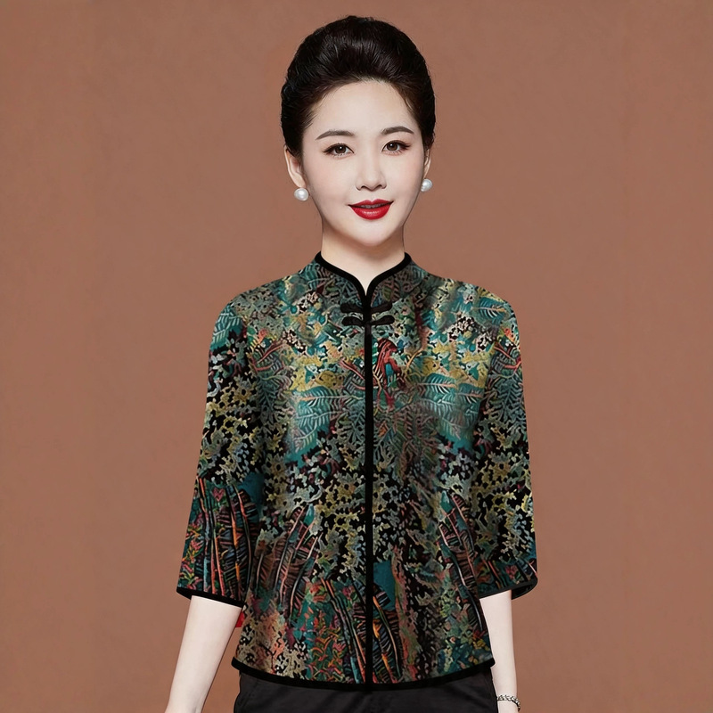 Three-quarter sleeve modified cheongsam Chinese style buttoned T-shirt women's retro printed ethnic style loose slimming top women's clothing