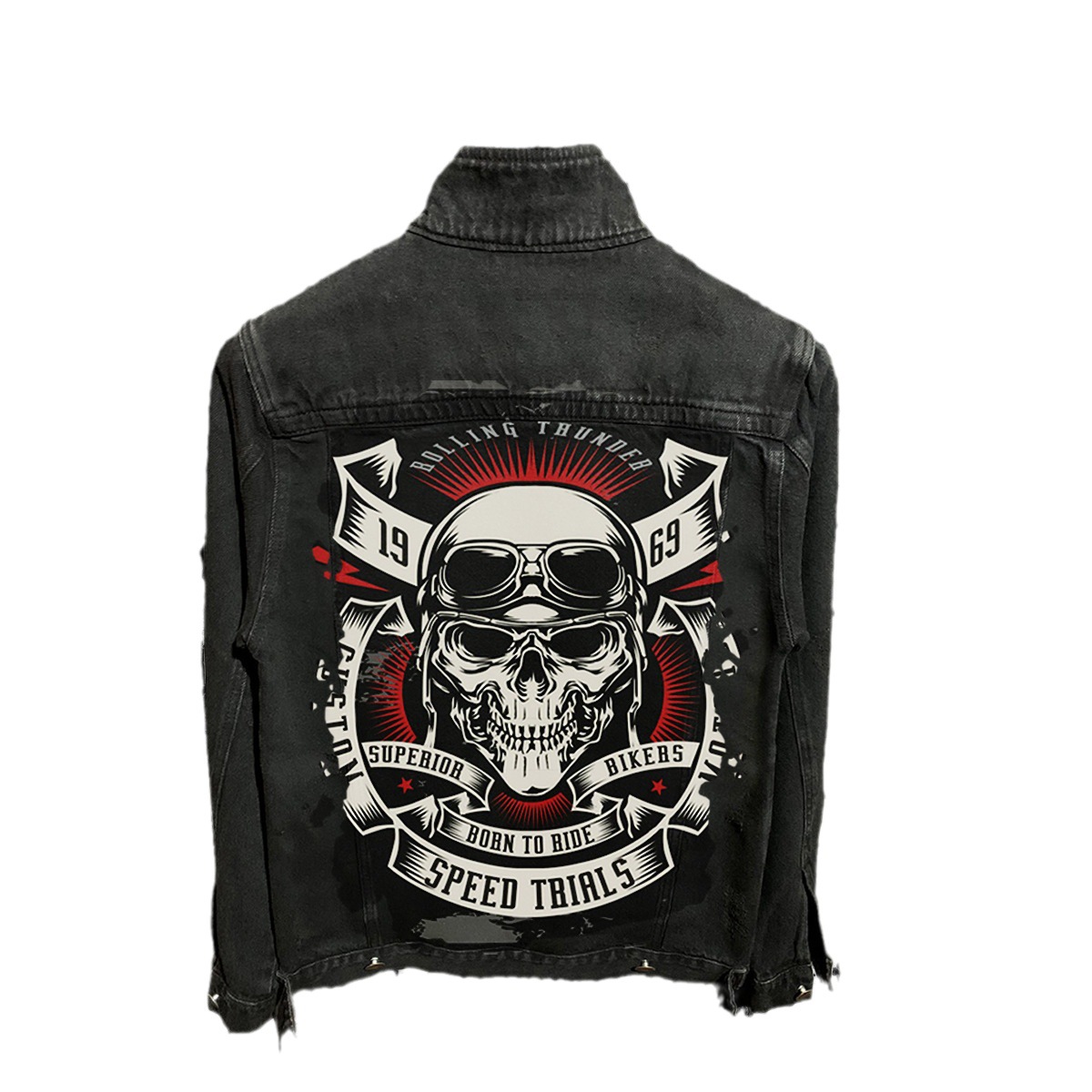 Men's outerwear skull bone religious style printed vintage washed denim jacket _voghion.com