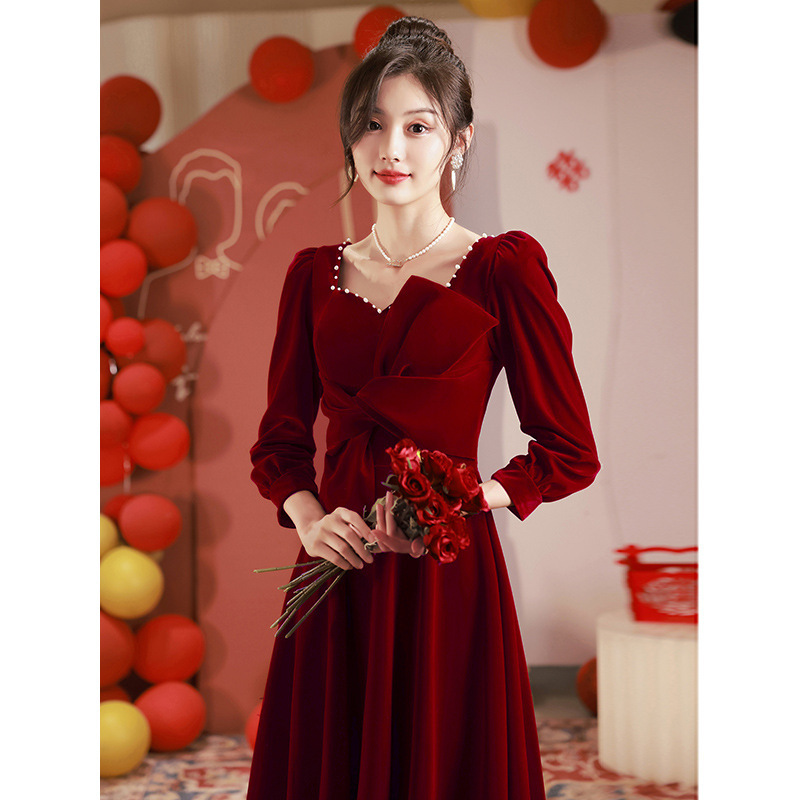 Long-Sleeve Toast Dress for Bride 2026 Spring, Pearl Embellished Petite Engagement Dress, Everyday Wear, Red Dress for Returning Home, Spring