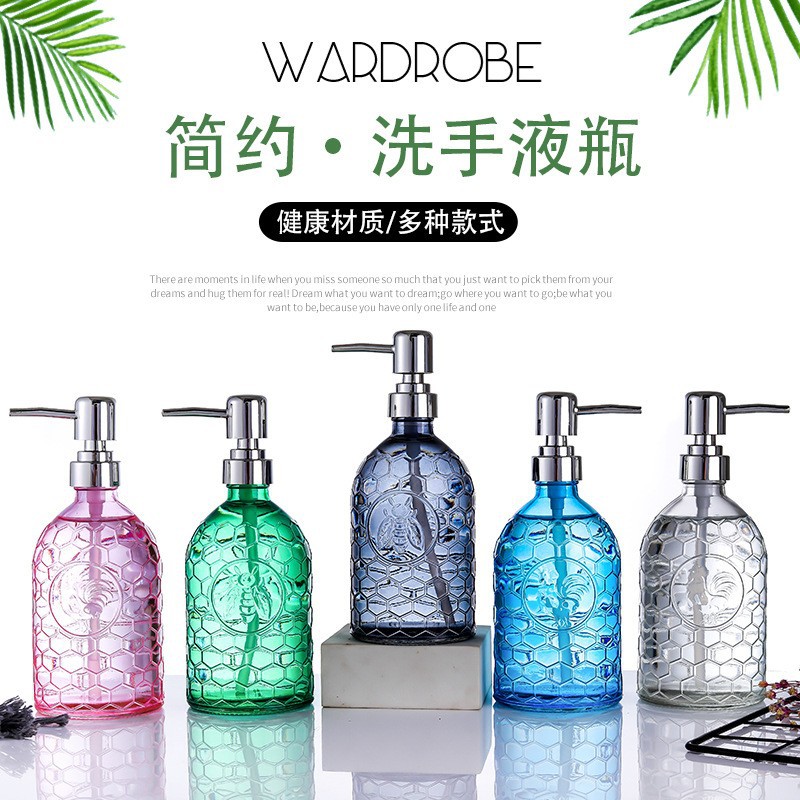 厂家供应420ml洗手液分装瓶方形竖纹彩色透明玻璃瓶 洗手液瓶玻璃