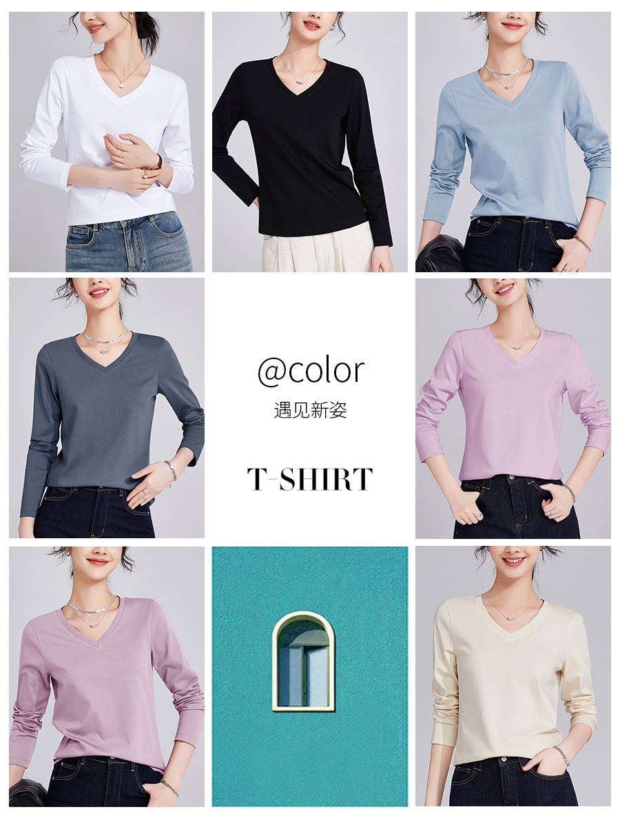 Camiseta básica de mujer para primavera y verano 2026, camiseta de manga larga con cuello en V, holgada, de algodón mercerizado de doble cara de 80 hilos, top para mujer image 4