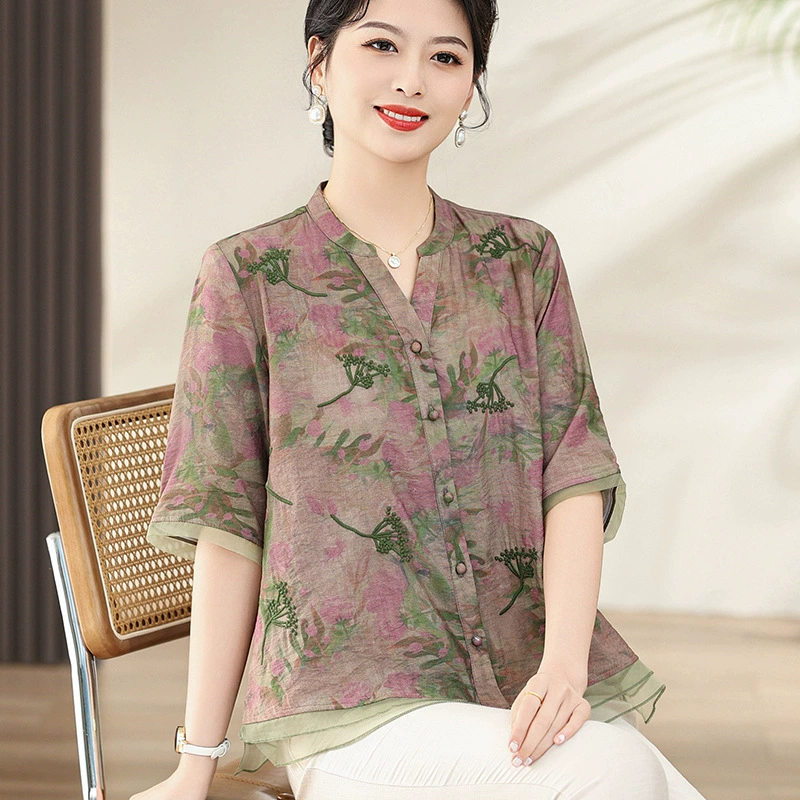 Мама летняя хлопковая и льняная топ среднего возраста рубашка с короткими рукавами 2025 новая средняя и пожилая женщина летняя футболка иностранная рубашка