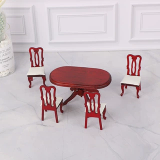 1:12娃娃屋dollhouse迷你家具模型微场景餐厅红木色欧式复古桌椅