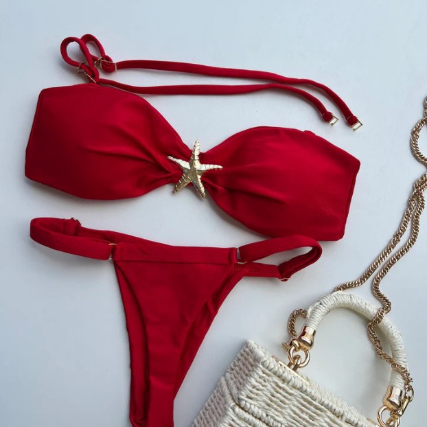 Neuer 2-teiliger Badeanzug mit Metallschmuck, sexy brasilianischer, eng anliegender Bikini, Damenbekleidung_voghion.com