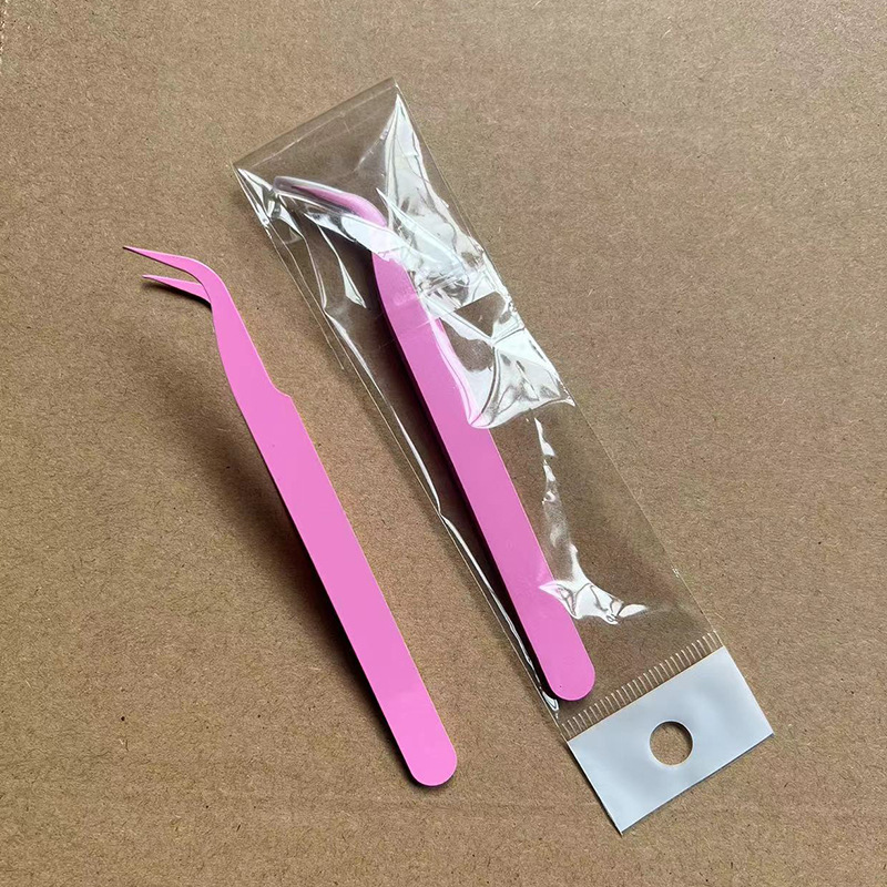 Pinzas para pestañas de acero inoxidable, punta curva, rosa