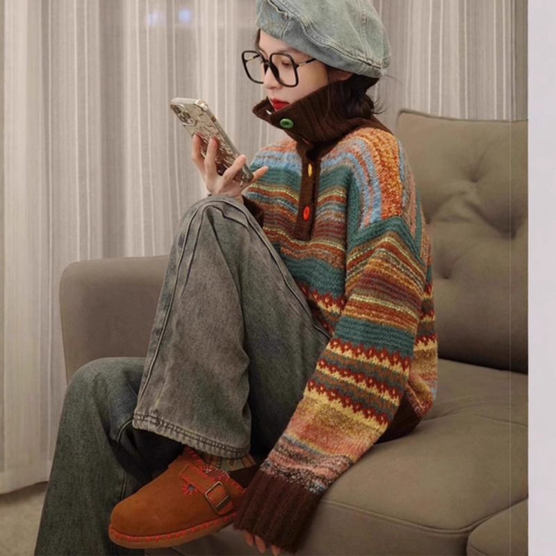 Brown Contrast Retro Stripesd Fair Isle Long-Sleeved Sweater for Women in Autumn and Winter, High-End and Chic Top A8153