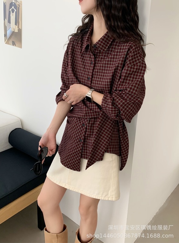 琪镌绘制韩系格子长袖衬衫女装秋季新款宽松系带百搭衬衣上衣651|undefined