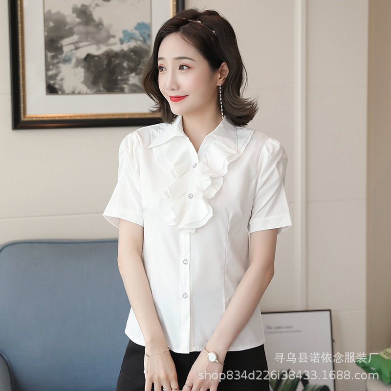 2026 New Women's Clothing Korean Style Spring and Summer White Short-Sleeved Shirt with Lotus Leaf Lace for Women Professional Slim Fit Ol Shirt for Women 2026 New Women's Clothing Korean Style Spring and Summer White Short-Sleeved Shirt with Lotus Leaf Lace for Women Professional Slim Fit Ol Shirt for Women