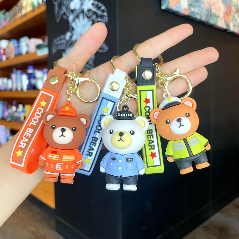 Cartoon dripping glue traffic police fireman bear keychain promotional gifts fashion couple accessories cute school bag hanging chain