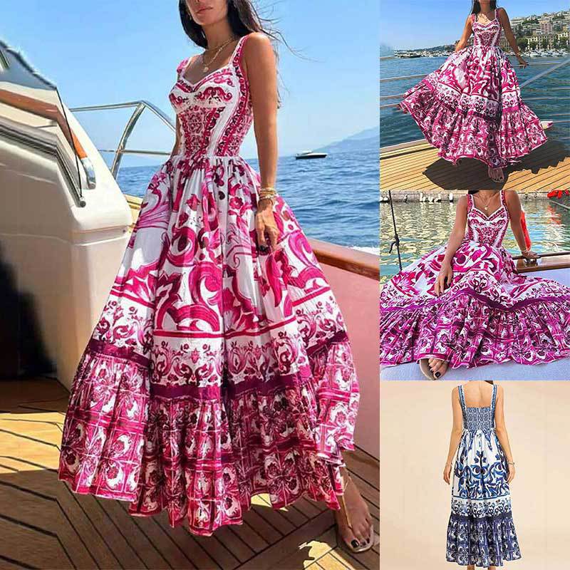 High Waist Waist Line Women's Clothing Autumn New Pattern Print Square Collar Suspender Skirt Pleated Slim High Waist Dress Women