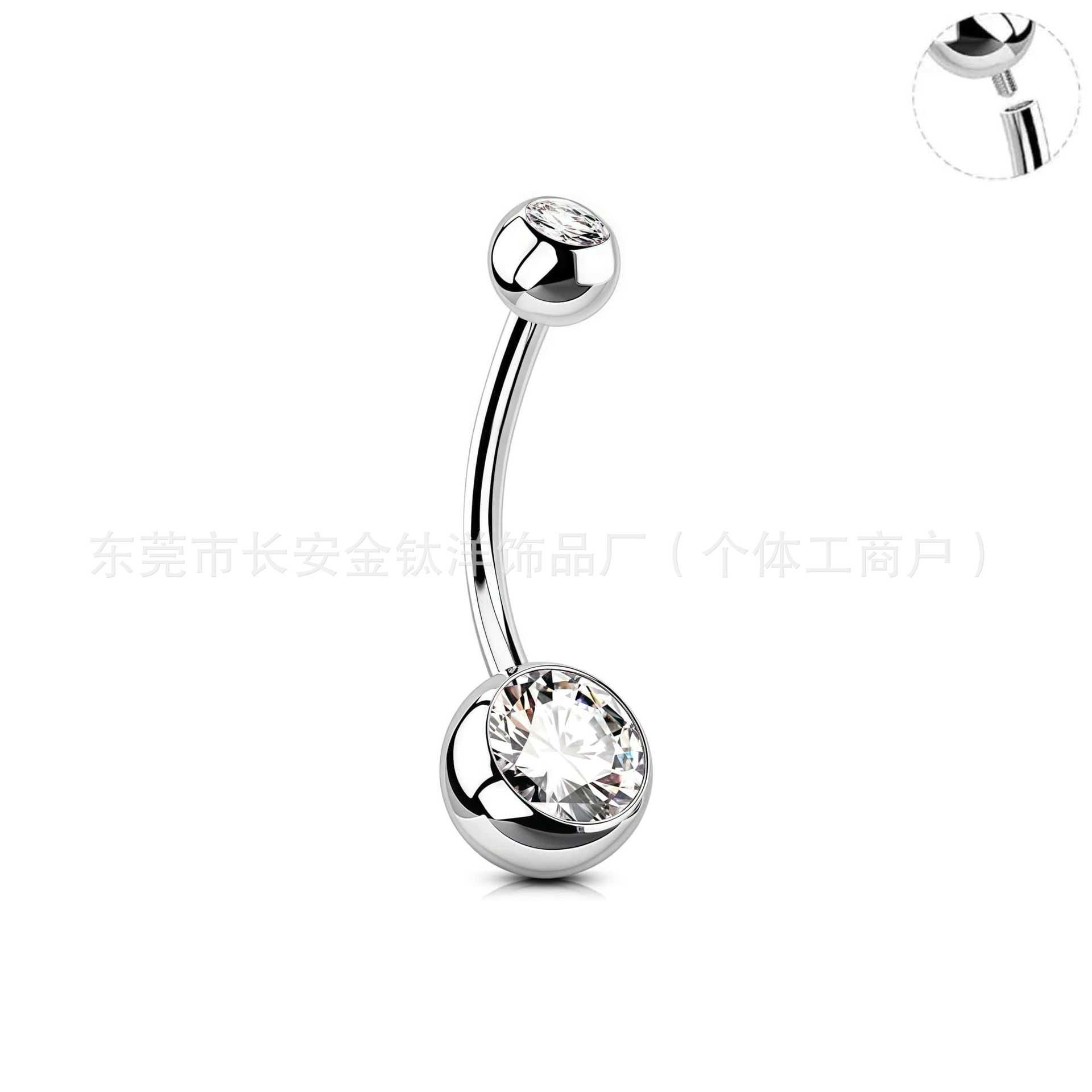 F136 Titanium External Thread Double-Ended Curved Rod Zircon Navel Piercing Ring - G23 Titanium Alloy Body Jewelry detail image 4