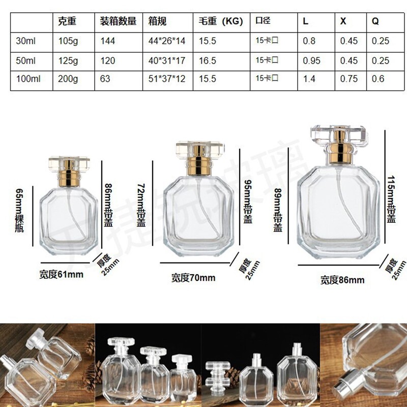 スポット卸売りバヨネット30ml 50ml 100ml透明八角形ガラス香水瓶ポータブル分注瓶Tカバー|undefined
