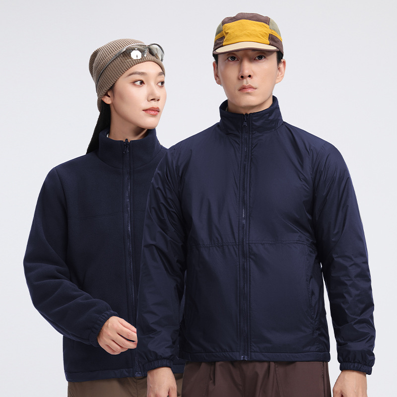 Reversible hunting jacket made of polar fleece composite with silver fox fur, student training uniform, unisex sports jacket