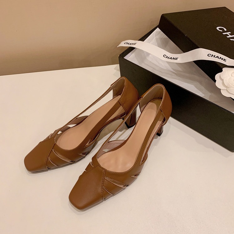 Giày cao gót nữ da thật mũi vuông nhỏ, gót cao 9 cm, phong cách thời trang xuân hè — màu nâu, màu trắng ngà chi tiết 90