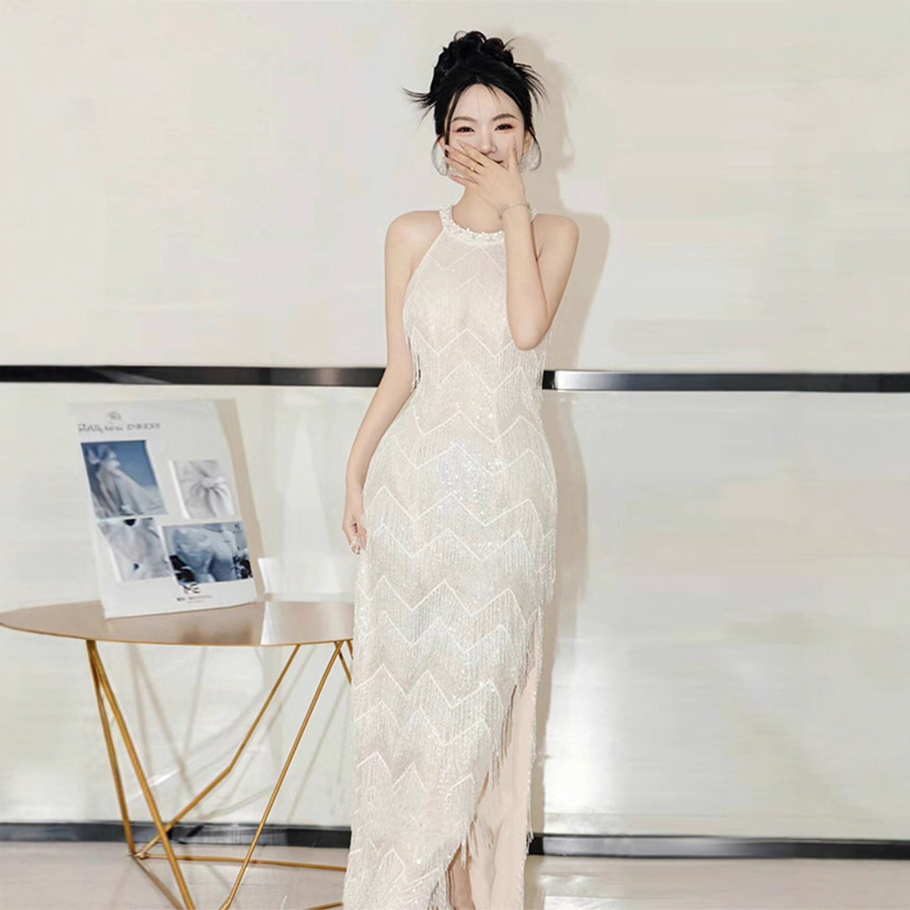 Sequined Light Wedding Dress, Fine Glitter, Light Luxury White Halterneck French Wedding Dress, Fishtail Dress, Tassel Dressing Gown, Slimming Dress