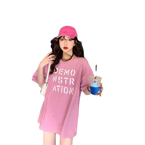 Summer 2025 Korean Version Stylish Loose Medium-Length Top BF Friend Dress Women's Letter Short-Sleeve T-Shirt Ins Trend