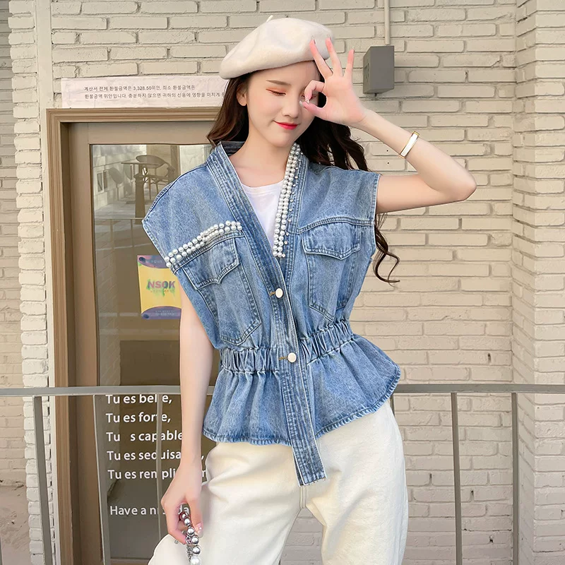 Summer denim vest sleevless, (Physicals), Korean style, oversize