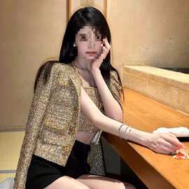 小香风金色粗花呢圆领短外套女春秋新款名媛轻奢显瘦气质上衣
