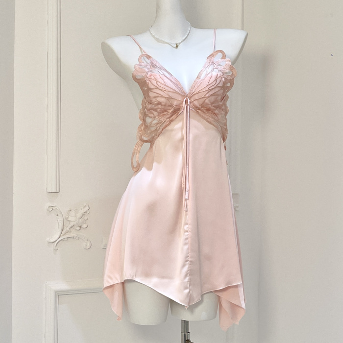 Nuevo pijama de verano para chicas delgado puro deseo de viento sexy mariposa hueca hermosa espalda hielo y nieve seda falda de cinturón ropa para el hogar