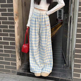韩系蓝色格子蕾丝拼接阔腿裤女夏季新款薄款高腰宽松直筒休闲裤子