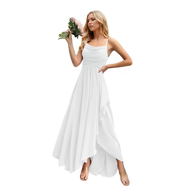 Wholesale Amazon European and American Chiffon Pleated Bridesmaid Evening Dress with Short Front and Long Back Movable Straps Party Prom Dress