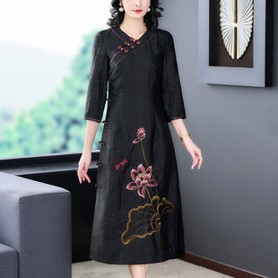 2024夏季新款中國風刺綉真絲香雲紗復古禪意黑色長款旗袍連衣裙春