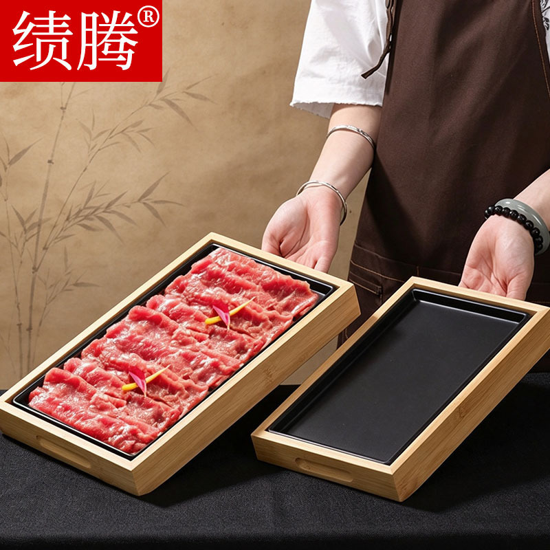 Jiteng melamine hot pot tableware set with bamboo and wood rectangular flat plate for Japanese-style barbecue, commercial use