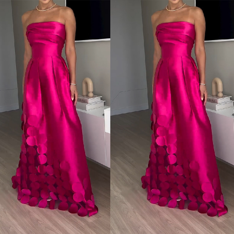 Europe and the United States cross-border independent station new design feeling stitching round piece satin sexy tube top high waist dress evening dress Europe and the United States cross-border independent station new design feeling stitching round piece satin sexy tube top high waist dress evening dress