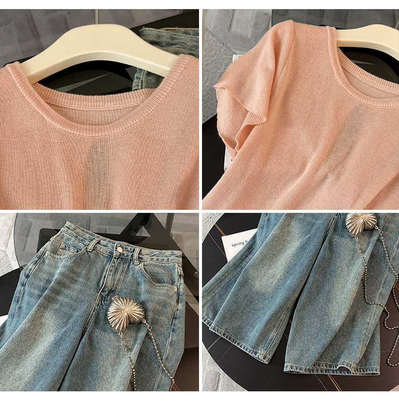 Women's Clothing Women's Summer New Casual Sports Fashion Suit Round Neck Back Tie Hollow Short Sleeve Denim Pants Two Piece Suit_mkmklike.com
