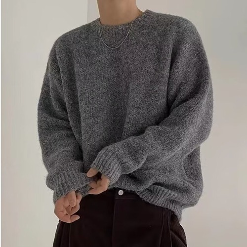 Autumn/Winter New Korean Style Trendy Retro Solid Color Soft Sweater for Men Loose Fit Round Neck Fleece Knit Top