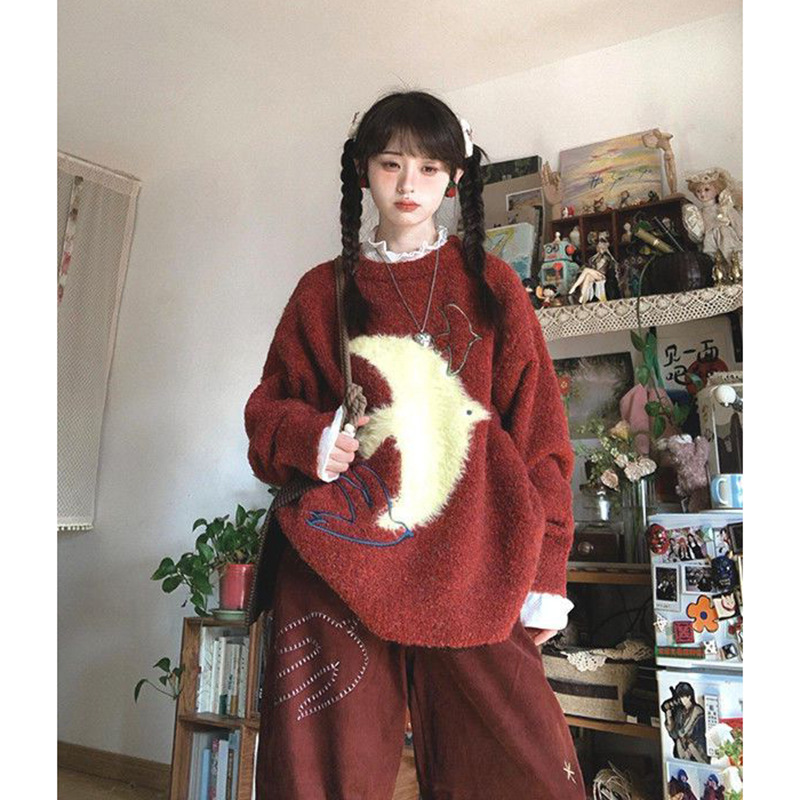 Christmas Exclusive Gentle Style Design Loop Yarn Imitation Mink Hand-Painted Bird Jacquard Knitwear Pullover Knitwear for Women