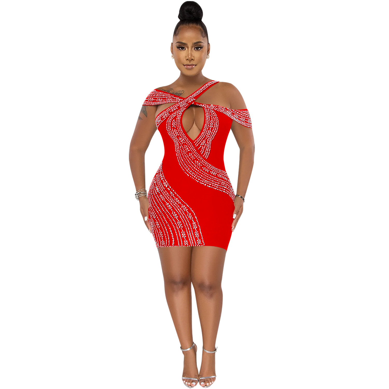C5921 AliExpress Amazon moda europea y americana sexy discoteca rhinestone caliente hueco vestido midi image 7