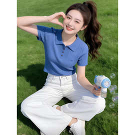蓝色领短袖针织衫女夏薄款短款修身显瘦韩系休闲百搭翻领上衣