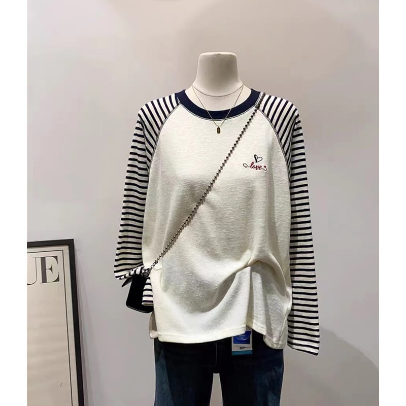 欧货设计感复古条纹插肩袖T恤女春秋时尚慵懒风宽松显瘦长袖上衣|undefined