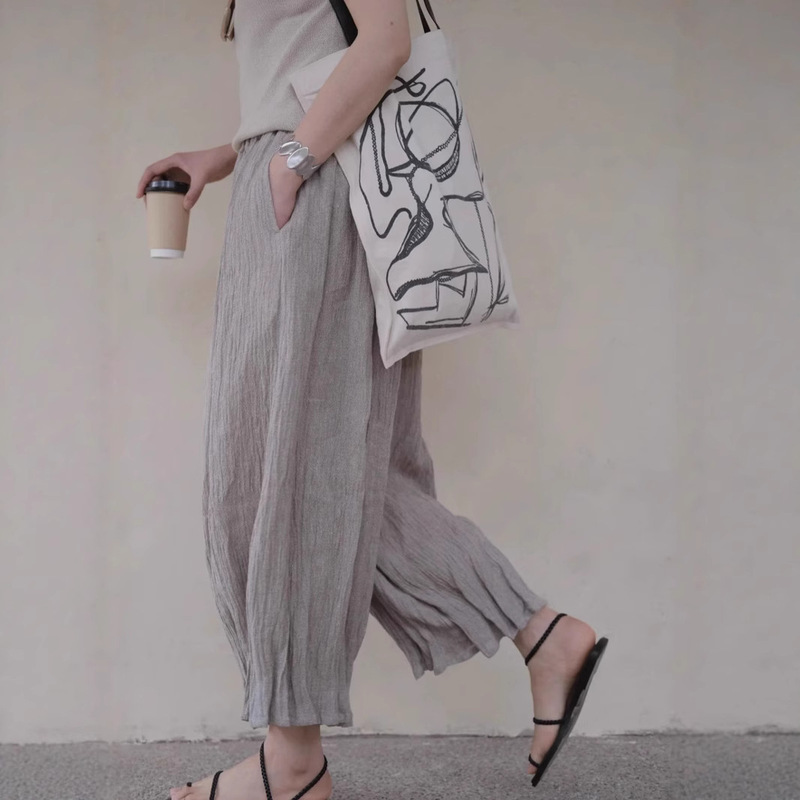 Loose Free 100 Linen Bark Wrinkle Texture Design Flower Pants for Women