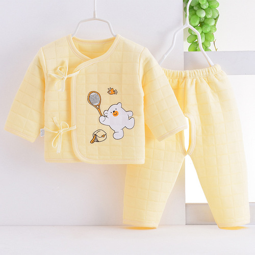Newborn three-layer thermal underwear quilted spring, autumn and winter baby clothes monk clothes baby pure cotton two-piece suit
