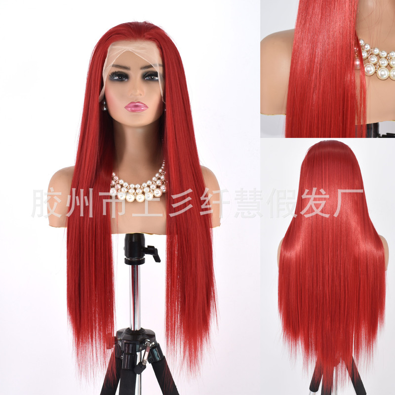 Hand hook wig red lace ladies long straight hair high temperature matte chemical fiber headgear photo cos factory wholesale