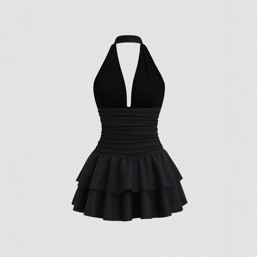 跨境亚马逊欧美吊带挂脖深V荡领皱褶抹胸双层礼服连衣裙女裙