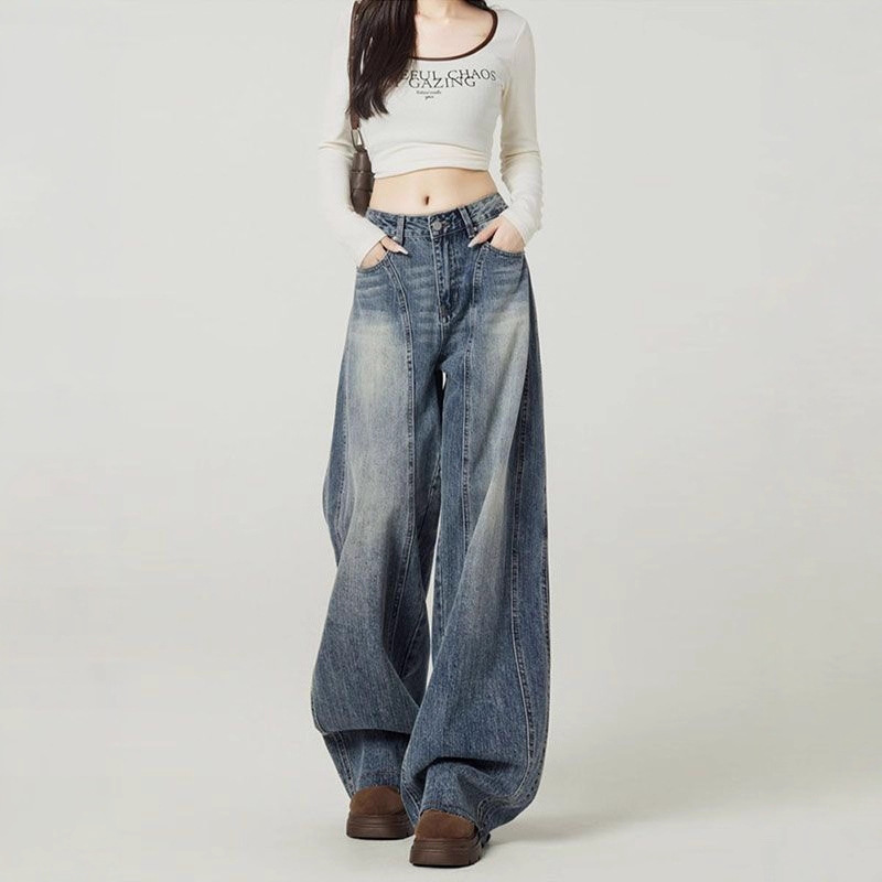 复古蓝高街宽松阔腿牛仔裤女秋季美式设计感小众高腰垂感弯刀裤子