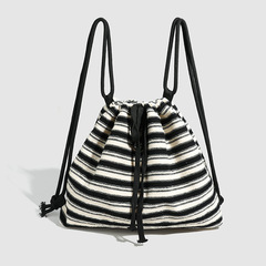 Striped Commuter Large Capacity 2024 New Drawstring Single Shoulder Multi-purpose Fashion Women's Knitted Black and White Striped Double Shoulder Bag Women 